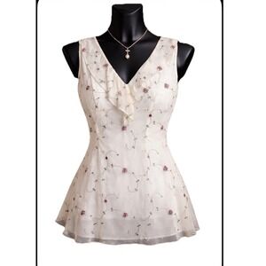 Emi & Joe Ivory Floral Embroidered Sheer Sleeveless Blouse Size L